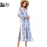 SheIn Ladies Spring Dresses 2017 Blue and White Vintage Print Boho Dress Deep V Neck Long Sleeve Pom-pom Trim Slit Maxi Dress