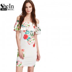 SheIn Ladies Summer Sexy Sheath Dresses Womens Multicolor Floral Ruffle Off The Shoulder Half Sleeve Pencil Dress