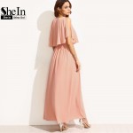 SheIn Long Dresses For Women Summer Style Ladies Plain Pink Spaghetti Strap Deep V Neck Ruffle Sleeveless Maxi Dress