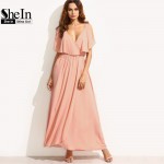 SheIn Long Dresses For Women Summer Style Ladies Plain Pink Spaghetti Strap Deep V Neck Ruffle Sleeveless Maxi Dress
