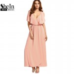 SheIn Long Dresses For Women Summer Style Ladies Plain Pink Spaghetti Strap Deep V Neck Ruffle Sleeveless Maxi Dress