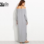 SheIn Long Shift T-shirt Dresses For Ladies Summer Heather Grey Off The Shoulder Tie Long Sleeve Slit Maxi Dress