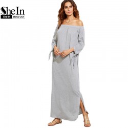 SheIn Long Shift T-shirt Dresses For Ladies Summer Heather Grey Off The Shoulder Tie Long Sleeve Slit Maxi Dress
