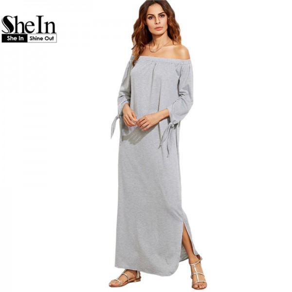 SheIn Long Shift T-shirt Dresses For Ladies Summer Heather Grey Off The Shoulder Tie Long Sleeve Slit Maxi Dress