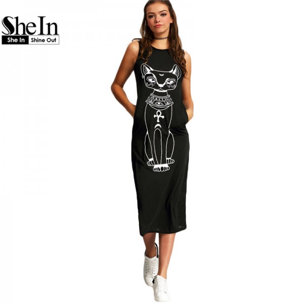 SheIn Long Summer Dresses 2016 Fashion Women Clothing Casual Black Sleeveless Round Neck Cat Print Slim Mid-Calf Dress