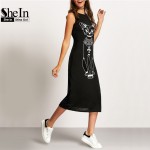 SheIn Long Summer Dresses 2016 Fashion Women Clothing Casual Black Sleeveless Round Neck Cat Print Slim Mid-Calf Dress