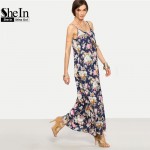 SheIn Long Summer Dresses For Women Beach Wear Boho Ladies Sleeveless Multicolor Floral Spaghetti Strap Shift Maxi Dress