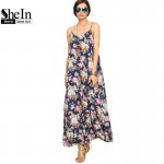 SheIn Long Summer Dresses For Women Beach Wear Boho Ladies Sleeveless Multicolor Floral Spaghetti Strap Shift Maxi Dress