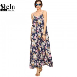 SheIn Long Summer Dresses For Women Beach Wear Boho Ladies Sleeveless Multicolor Floral Spaghetti Strap Shift Maxi Dress