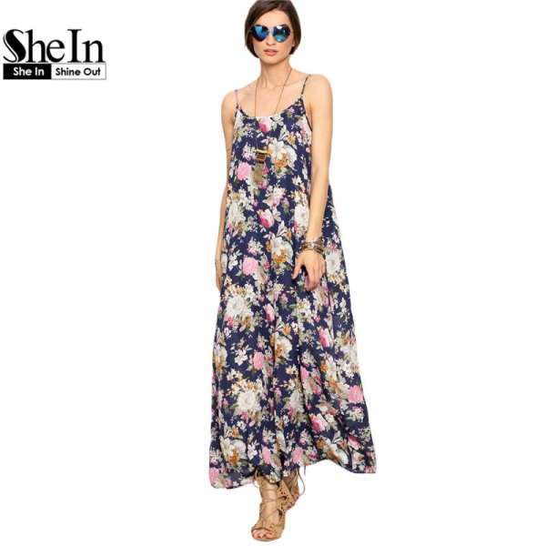 SheIn Long Summer Dresses For Women Beach Wear Boho Ladies Sleeveless Multicolor Floral Spaghetti Strap Shift Maxi Dress