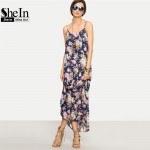 SheIn Long Summer Dresses For Women Beach Wear Boho Ladies Sleeveless Multicolor Floral Spaghetti Strap Shift Maxi Dress
