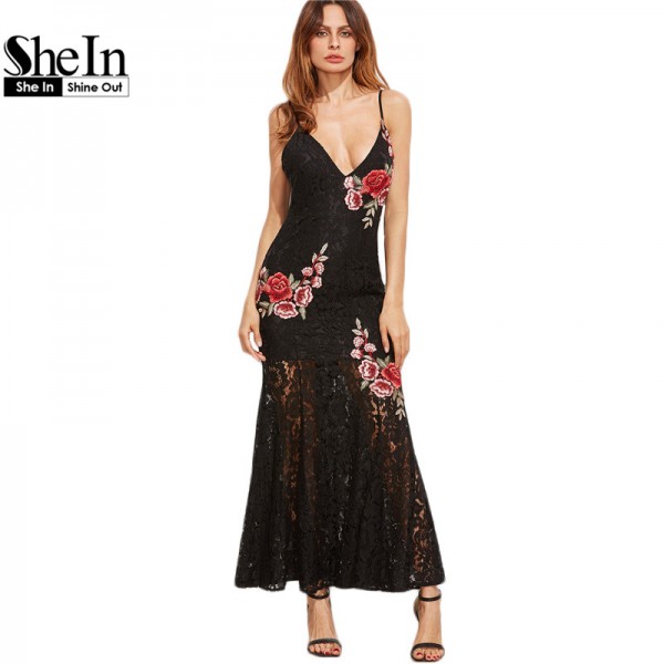 SheIn Maxi Dresses Long Summer Women Party Dress Black Embroidered Rose Applique Lace Overlay Fishtail Cami Dress