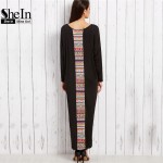 SheIn Maxi Dresses Long Women Clothing Vintage Black Tribal Print Scoop Neck Drop Shoulder Long Sleeve Loose Maxi Dress