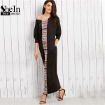 SheIn Maxi Dresses Long Women Clothing Vintage Black Tribal Print Scoop Neck Drop Shoulder Long Sleeve Loose Maxi Dress
