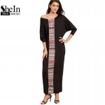 SheIn Maxi Dresses Long Women Clothing Vintage Black Tribal Print Scoop Neck Drop Shoulder Long Sleeve Loose Maxi Dress