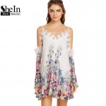 SheIn Multicolor Botanical Print Lace Trim Cold Shoulder Pleated Dress Womens Summer Bohemian Dress Spaghetti Strap Beach Dress