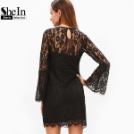 SheIn New Arrival Dress 2017 Vintage Dresses Deep V Neck Sexy Dress Black Lace Up Embroidered Rose Applique Lace Overlay Dress