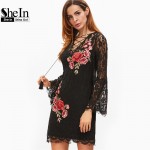 SheIn New Arrival Dress 2017 Vintage Dresses Deep V Neck Sexy Dress Black Lace Up Embroidered Rose Applique Lace Overlay Dress