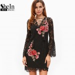 SheIn New Arrival Dress 2017 Vintage Dresses Deep V Neck Sexy Dress Black Lace Up Embroidered Rose Applique Lace Overlay Dress