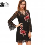 SheIn New Arrival Dress 2017 Vintage Dresses Deep V Neck Sexy Dress Black Lace Up Embroidered Rose Applique Lace Overlay Dress