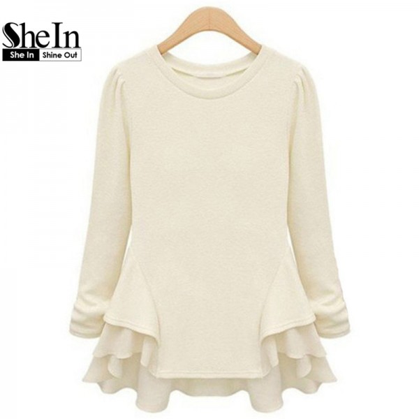 SheIn New Autumn Hot Top Women's Beige Long Sleeve Contrast Chiffon Ruffles Tees Fashion Casual Brief Street Fashionable T-Shirt