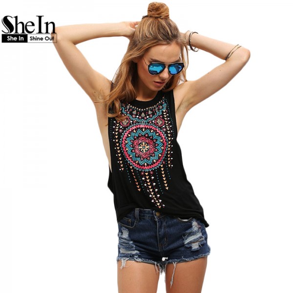 SheIn New Summer Style Women Sexy Tops Black Round Neck Sleeveless Vintage Tribal Print Fitness Casual Tank Tops