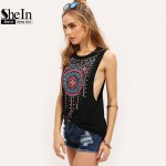 SheIn New Summer Style Women Sexy Tops Black Round Neck Sleeveless Vintage Tribal Print Fitness Casual Tank Tops