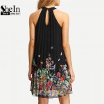 SheIn New Woman Dress 2016 Summer Black Round Neck Sleeveless Womens Casual Clothing Floral Print Cut Away Shift Dresses