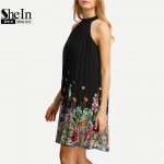 SheIn New Woman Dress 2016 Summer Black Round Neck Sleeveless Womens Casual Clothing Floral Print Cut Away Shift Dresses