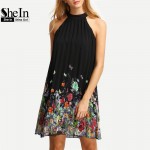 SheIn New Woman Dress 2016 Summer Black Round Neck Sleeveless Womens Casual Clothing Floral Print Cut Away Shift Dresses