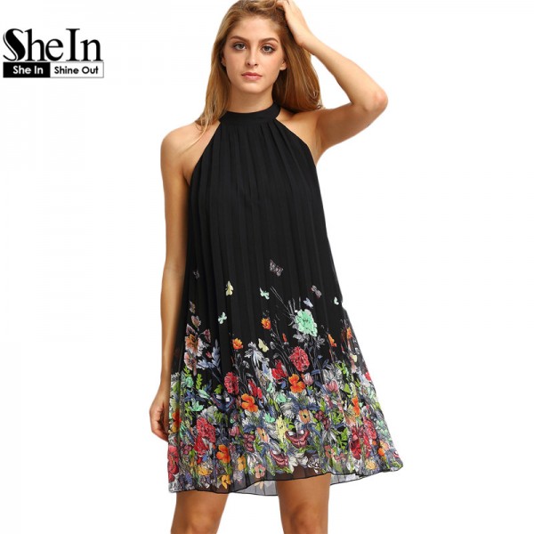 SheIn New Woman Dress 2016 Summer Black Round Neck Sleeveless Womens Casual Clothing Floral Print Cut Away Shift Dresses