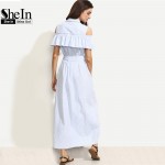 SheIn New Women Long Dresses Summer Ladies Blue Striped Lapel Short Sleeve Cold Shoulder Ruffle Tie Waist Maxi Dress