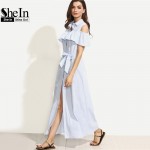 SheIn New Women Long Dresses Summer Ladies Blue Striped Lapel Short Sleeve Cold Shoulder Ruffle Tie Waist Maxi Dress