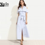 SheIn New Women Long Dresses Summer Ladies Blue Striped Lapel Short Sleeve Cold Shoulder Ruffle Tie Waist Maxi Dress