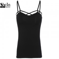 SheIn Sexy Slip V Neck Sheath Cami Top New Style 2016 Summer Plain Black Spaghetti Strap Hollow Out Slim Camisole