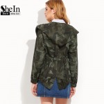 SheIn Spring Jacket Women Casual Outerwear Womens Olive Green Camo Print Hooded Shawl Collar Wrap Belted Jacket