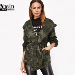 SheIn Spring Jacket Women Casual Outerwear Womens Olive Green Camo Print Hooded Shawl Collar Wrap Belted Jacket