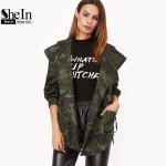 SheIn Spring Jacket Women Casual Outerwear Womens Olive Green Camo Print Hooded Shawl Collar Wrap Belted Jacket