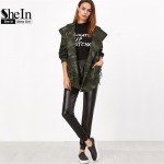 SheIn Spring Jacket Women Casual Outerwear Womens Olive Green Camo Print Hooded Shawl Collar Wrap Belted Jacket