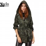 SheIn Spring Jacket Women Casual Outerwear Womens Olive Green Camo Print Hooded Shawl Collar Wrap Belted Jacket