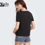 SheIn Summer 2017 Women Clothing Summer T-shirt for Women Black Eyelet Mesh Boat Neck Short Sleeve Sexy T-shirt