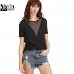 SheIn Summer 2017 Women Clothing Summer T-shirt for Women Black Eyelet Mesh Boat Neck Short Sleeve Sexy T-shirt