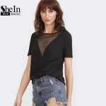 SheIn Summer 2017 Women Clothing Summer T-shirt for Women Black Eyelet Mesh Boat Neck Short Sleeve Sexy T-shirt