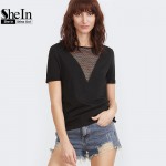 SheIn Summer 2017 Women Clothing Summer T-shirt for Women Black Eyelet Mesh Boat Neck Short Sleeve Sexy T-shirt