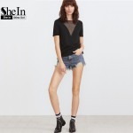 SheIn Summer 2017 Women Clothing Summer T-shirt for Women Black Eyelet Mesh Boat Neck Short Sleeve Sexy T-shirt