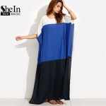 SheIn Summer Beach Dresses Casual Women Loose Dress Multicolor Round Neck Half Sleeve Color Block Split Maxi Dress