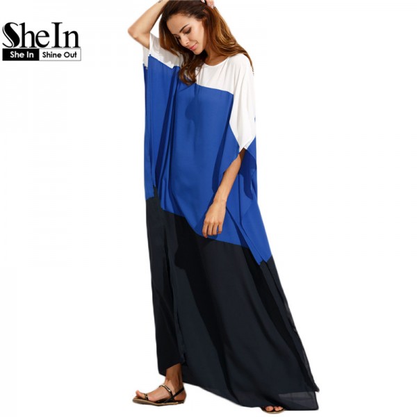 SheIn Summer Beach Dresses Casual Women Loose Dress Multicolor Round Neck Half Sleeve Color Block Split Maxi Dress