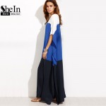 SheIn Summer Beach Dresses Casual Women Loose Dress Multicolor Round Neck Half Sleeve Color Block Split Maxi Dress