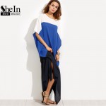 SheIn Summer Beach Dresses Casual Women Loose Dress Multicolor Round Neck Half Sleeve Color Block Split Maxi Dress