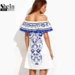 SheIn Summer Beach Dresses For Woman New Style Boho Ladies Multicolor Print Ruffle Off The Shoulder Shift Dress